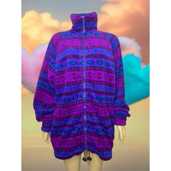 Vintage 90s Purple & Blue Aztec Print Fleece Jacket Size XL - Picture 3 of 9